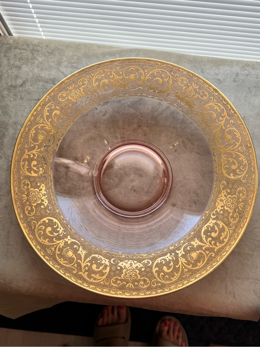 Elegant Depression Pink Glass Serving Bowl with Gold Filigree